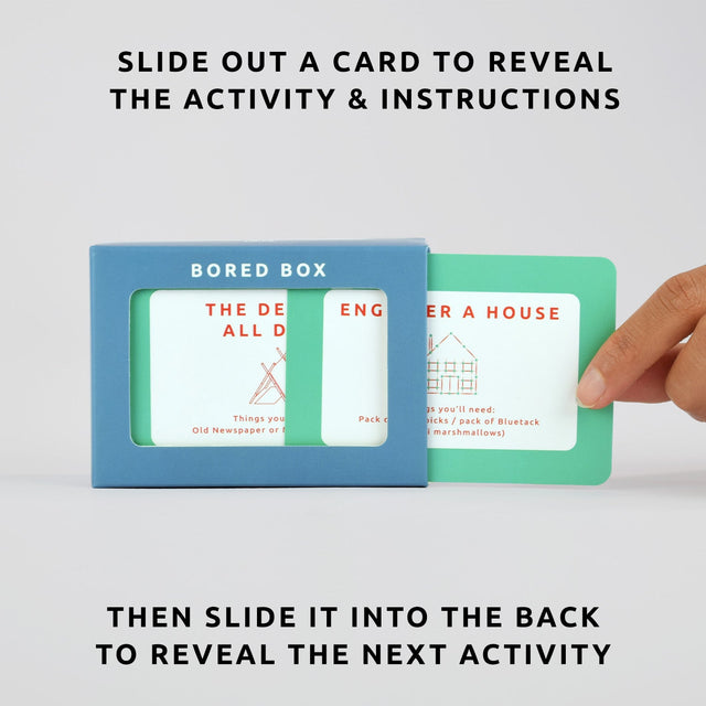Bored box by Pikkii - slide out a card to reveal the activity and instructions then slide into the back to reveal the next activity