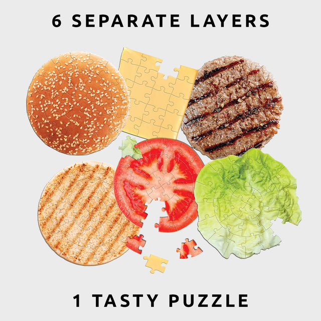 Burger 6 Layer Jigsaw Puzzle by Pikkii - Burger bun, Cheese, Meat, Lettuce and Tomato Layers Overlapping Each Other