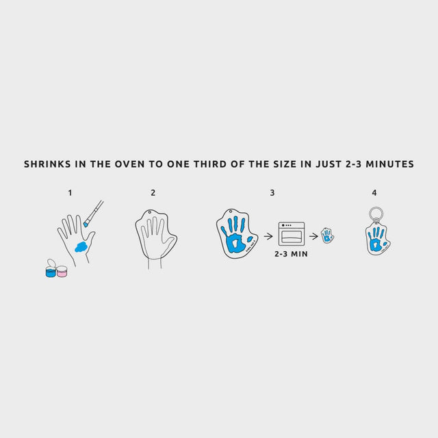 How to make Pikkii Hand Print Shrink Keyring step by step process. Paint hand, print onto shrink film, shrink in the oven for 2 to 3 minutes then attach to the keyring