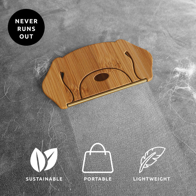 Sustainable Dog Hair Remover by Pikkii that never runs out on sofa with icons overlay - sustainable, portable and lightweight