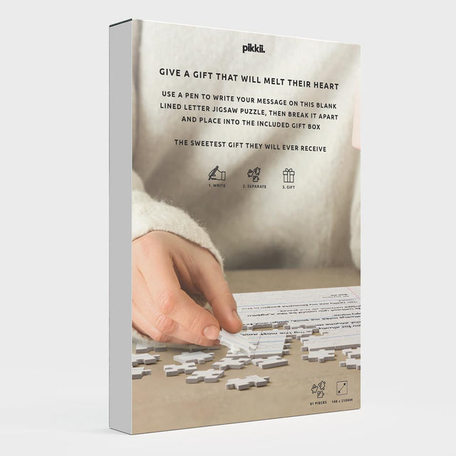 Pikkii Blank Personalised Letter Jigsaw Puzzle gift packaging back over white background