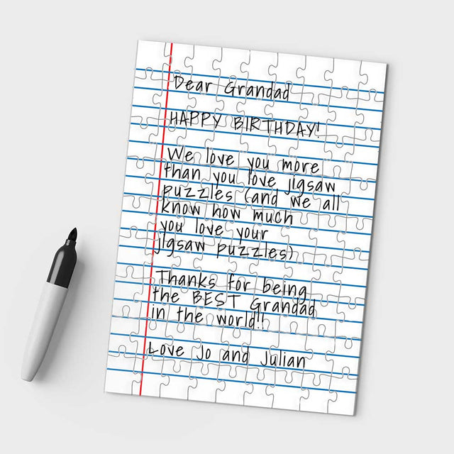 "Dear Grandad Happy Birthday" Personalised Handwritten Puzzle Jigsaw by Pikkii with marker over White Background