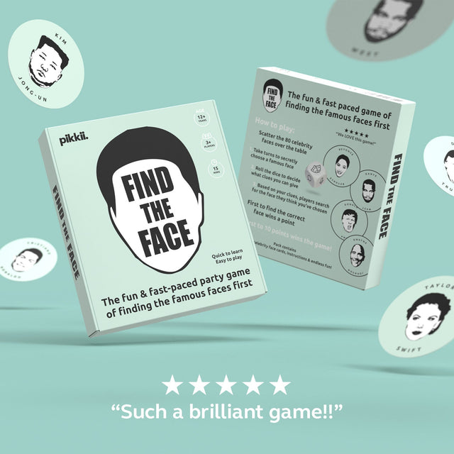 Find The Face Game by Pikkii - Packaging Front and Back - 5 Star Review " Such a brilliant game! "