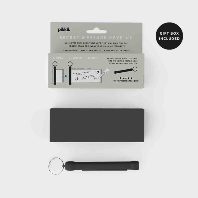 Pikkii Secret Message Keyring Packaging and Gift Box With Sticker