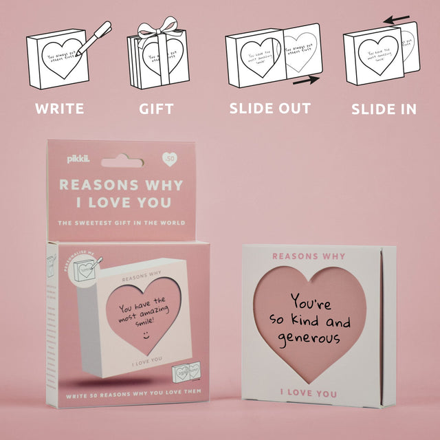 Reasons why I love you slide box by Pikkii with packaging and instructions for gifting