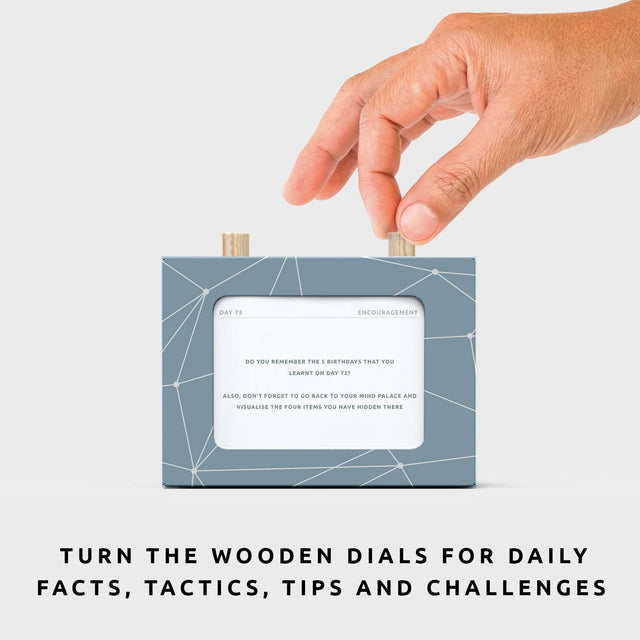Improve Your Memory in 90 Days Scroll Box Hand Turning Wooden Dials with Text Overlay