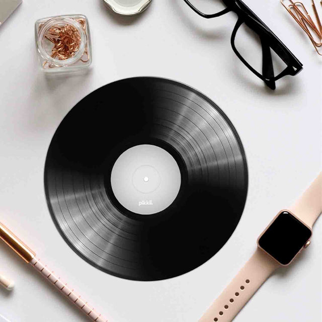 Pikkii Fun Microfiber Cloth - 6" Vinyl Record - Shown on Desk With Glasses & Watch Face