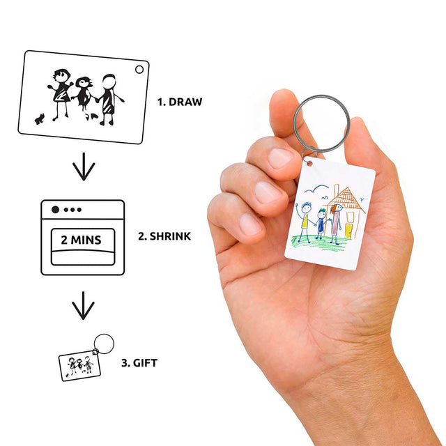 Piikkii Kids Drawing Shrink keyring Kit instructions 1.draw 2.shrink 3.gift hand holding Piikkii Kids Drawing Shrink keyring Kit over white background