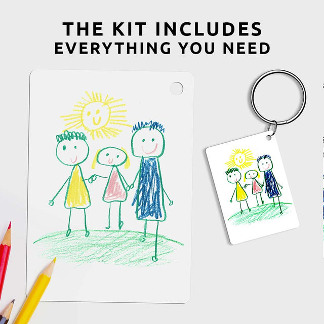 Piikkii Kids Drawing Shrink keyring Kit close up of canvas before and after baking with message the kit includes everything you need over white background