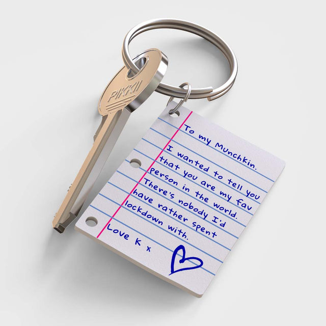 3D render of Pikkii Diy Shrink Little Lined Letter Keychain with personalised message over white background