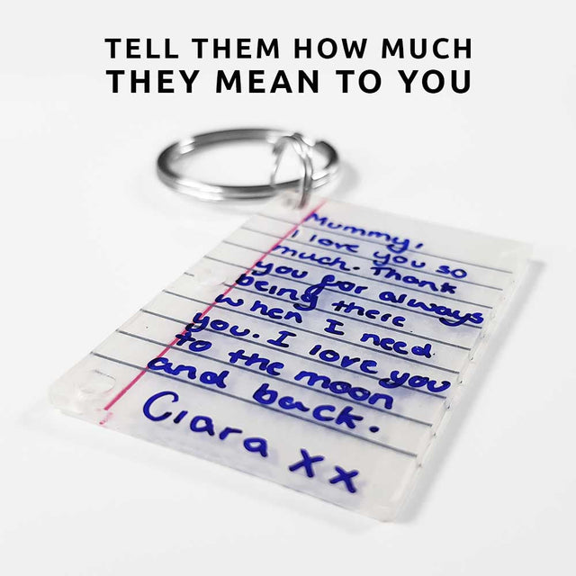 Pikkii Diy Shrink Little Lined Letter Keychain Close up over white background with message tell them how much they mean to you