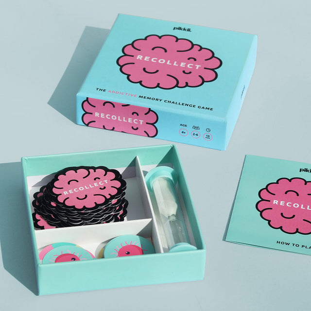 Recollect addictive family memory challenge game by Pikkii open box with contents