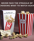 Pikkii TV Box Set Popcorn Bucket List with packaging and spilled popcorn pieces on red background - never face the struggle of choosing what to watch again
