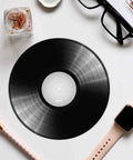 Pikkii Fun Microfiber Cloth - 6" Vinyl Record - Shown on Desk With Glasses & Watch Face